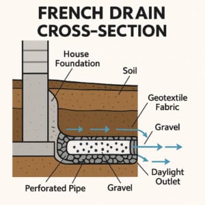 Diagram showing a French drain redirecting runoff away from a house foundation in spring lawn