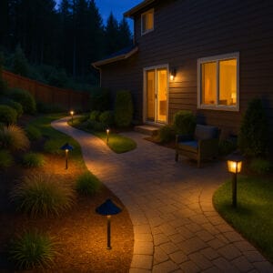 LED landscape lighting illuminating a Mount Vernon spring lawn backyard path at dusk with dark-sky compliant fixtures