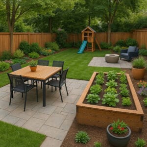 Overhead view of a small Burlington, WA backyard divided into four functional zones in backyard spring lawn