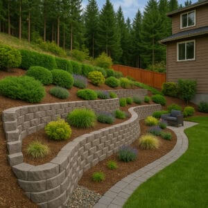 Stone retaining wall creating level garden beds on a Mount Vernon hillside in spring lawn 