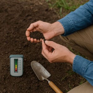 Person using a DIY soil test kit in a Burlington backyard to check pH before spring lawn planting