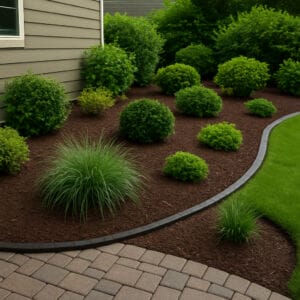 Mulched flower beds with edging and slow-growing plants in a Burlington yard prepared for low-maintenance care