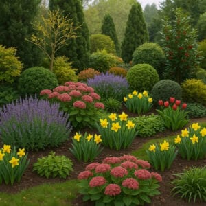Backyard with lavender, tulips, and evergreen shrubs showing year-round color in spring lawn