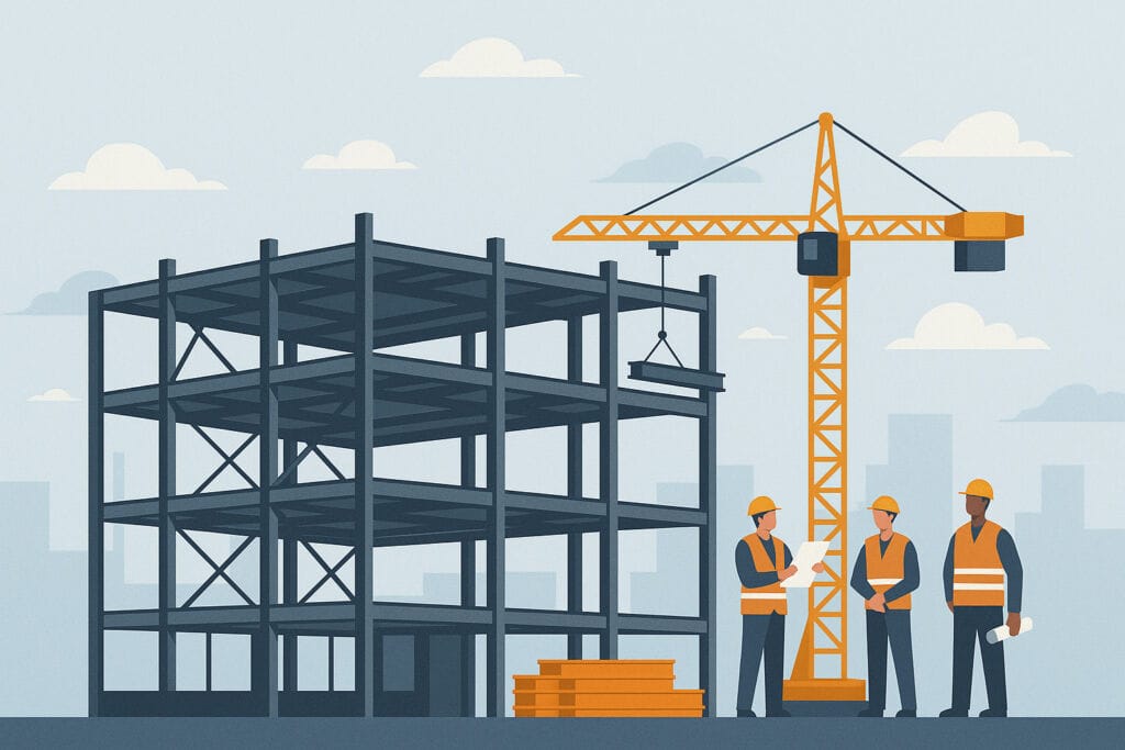 Illustration of a commercial building frame under construction with a crane and workers, highlighting the speed and efficiency of steel structures in modern construction projects.