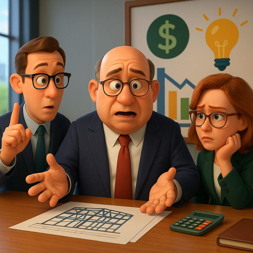 Pixar-style illustration of bankers discussing cost-effective solutions, featuring blueprints, financial charts, and a construction diagram in a modern office setting