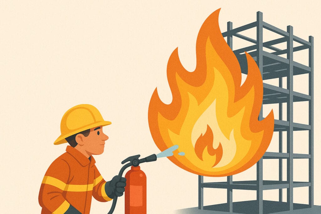 Illustration of a firefighter using an extinguisher to control a blaze near a steel-framed commercial building, symbolizing fire safety in commercial construction