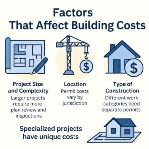 factors-that-affect-building-permit-costs-infographic Infographic showing factors that affect building permit costs with construction-related illustrations of blueprints, cranes, houses, and dollar signs. Key factors include project size and complexity, location, type of construction, and specialized project costs