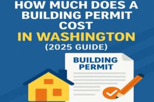 Featured image for blog post on 2025 building permit costs in Washington, showing blueprint, state map, permit document, and dollar sign