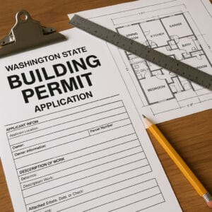 washington-state-building-permit-house-blueprint Washington State building permit paperwork and house blueprint on desk