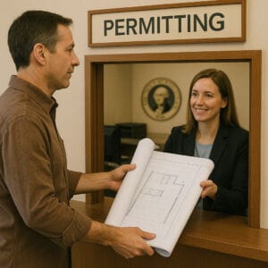 washington-state-homeowner-submitting-blueprint-permitting-office Homeowner submitting building blueprint plans at a Washington State permitting office counter