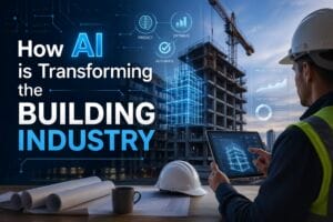 AI technology transforming the construction industry with a builder using digital tools on a jobsite in Skagit County