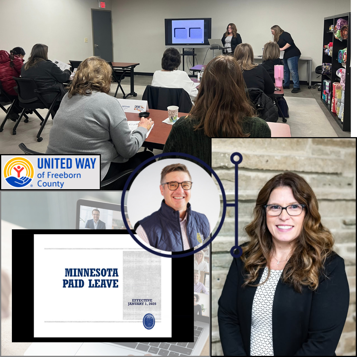 Collage showing the United Way event and a headshot of Stephanie Haedt and Lynn Kermes