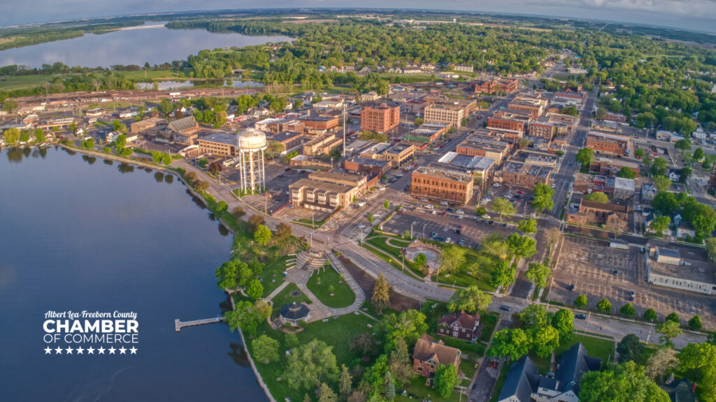 overhead shot of Downtown Albert Lea with the Chamber of Commerce logo on it