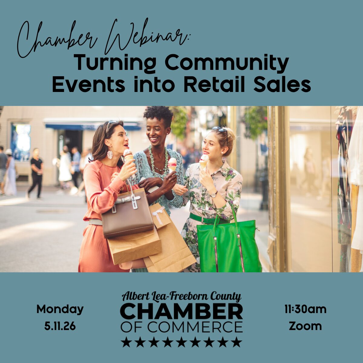 three women with shopping bags walking down main street, smiling