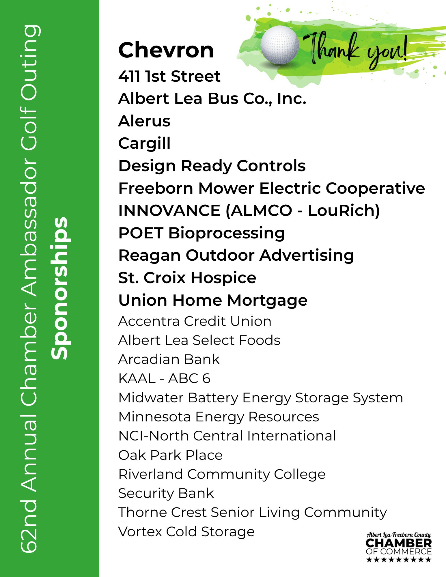 Thank you Golf Outing Sponsors list of the 2026 Golf Outing Sponsors