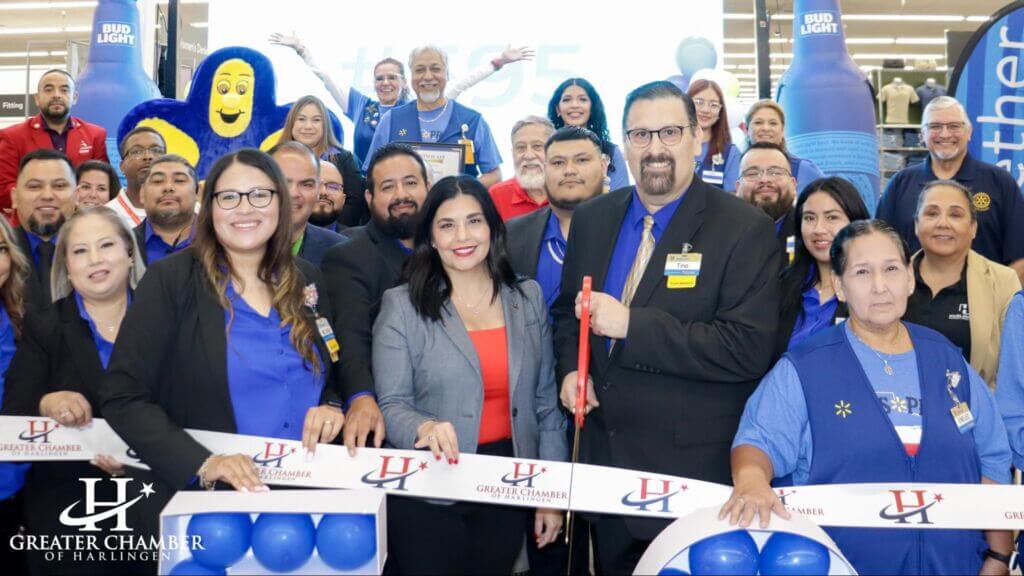 Ribbon-cutting ceremony hosted by the Greater Chamber of Harlingen (Harlingen TX Chamber of Commerce), featuring members and community leaders.
