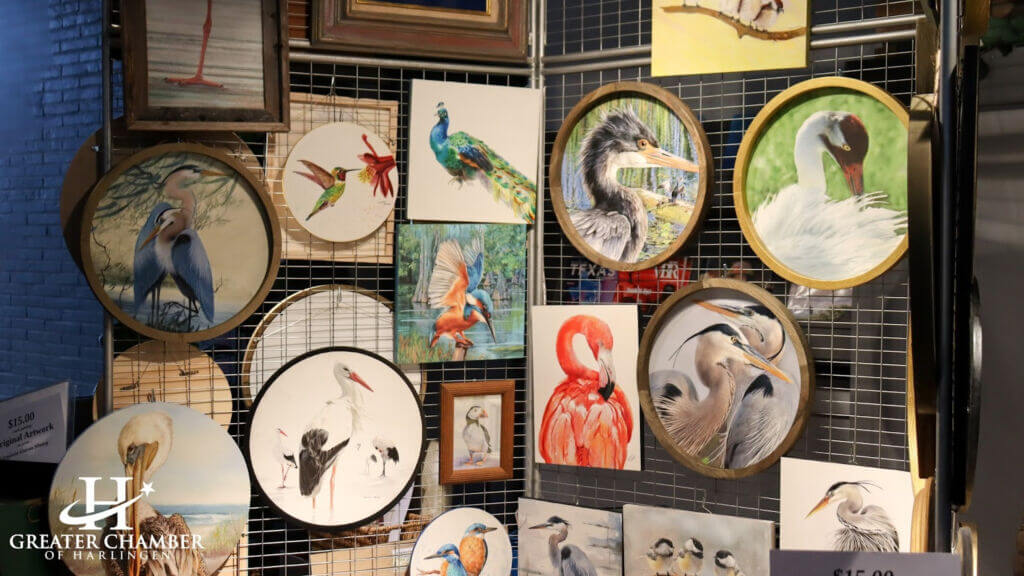 Artwork by RGV artists displayed at a Harlingen art exhibition, showcasing regional creativity and community talent.