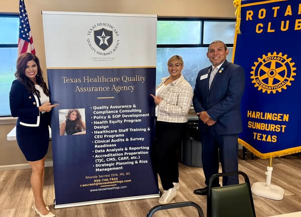 Keynote speaker Dr. Rhonda Secrest with Harlingen Sunburst Rotary Club members Shezadi Charania and Eric Garcia, sharing her vision for improving healthcare delivery across Texas.