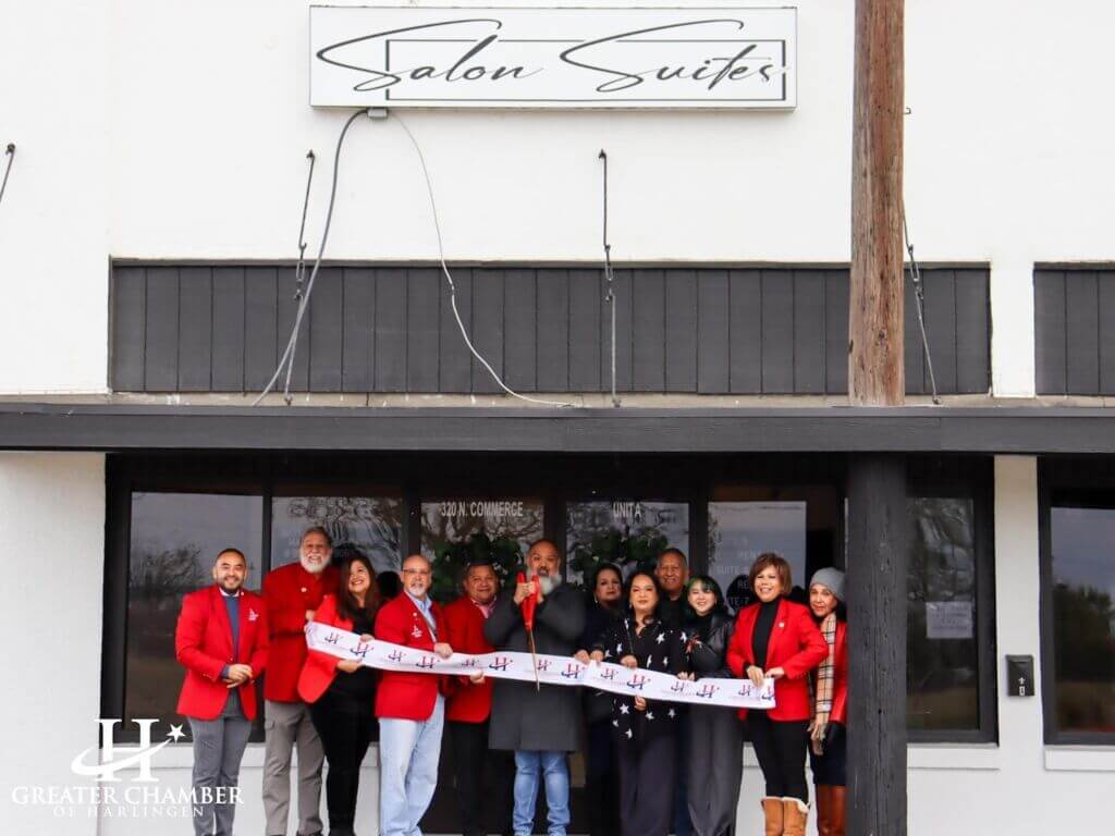 Ribbon cutting at Harlingen Salon Suites grand opening, hosted with support from the Greater Chamber of Harlingen, sometimes referred to as the Chamber of Commerce in Harlingen, showcasing new luxury suites for local beauty professionals.
