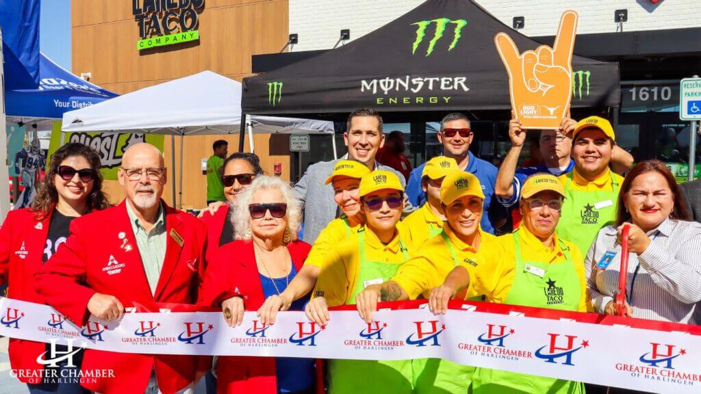 Ribbon cutting and grand opening of Stripes with the Greater Chamber of Harlingen (Harlingen Texas Chamber of Commerce), featuring community partners and the launch of Laredo Taco Company specials.