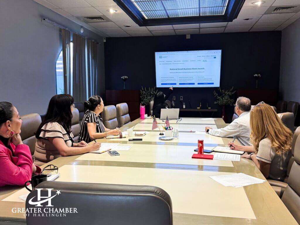 The Greater Chamber of Harlingen team nominating local entrepreneurs for 2026 SBA Small Business Week Awards, supporting city of Harlingen jobs and businesses.