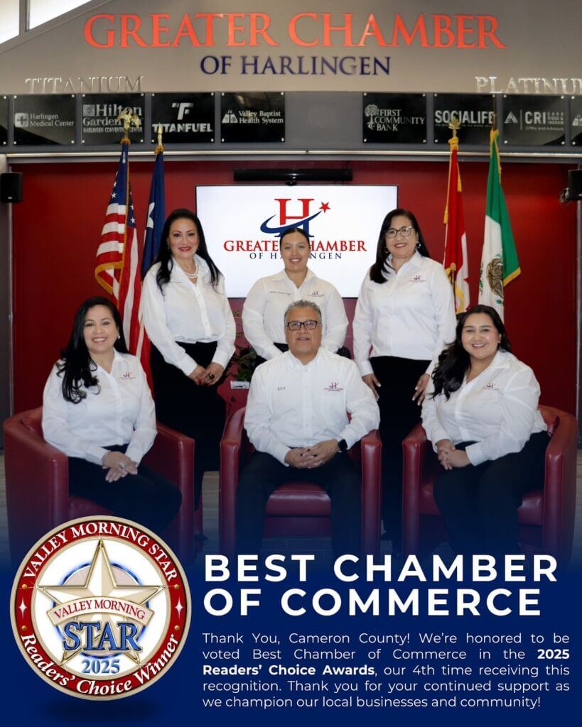 The Greater Chamber of Harlingen team recognized as Best Chamber of Commerce, supporting business growth and community development in Harlingen.
