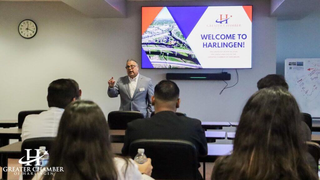 Members of the Greater Chamber of Harlingen participating in a leadership and networking event after business hours.