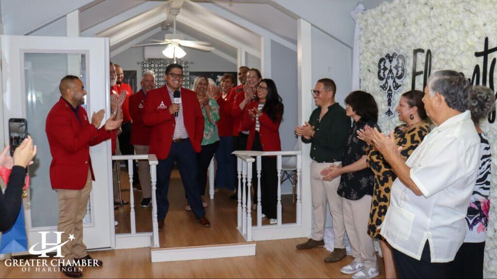 Grand opening ribbon cutting for Elevents Events in Harlingen, celebrating new business growth and city of Harlingen jobs in event design and rentals.