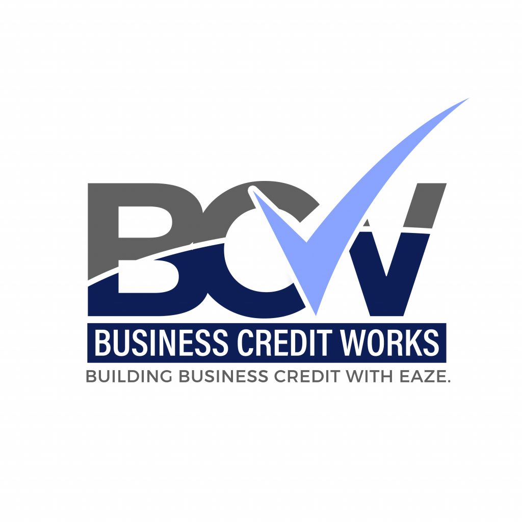 Business Credit Works Logo Blue and Grey B C V with a lavender checkmark through the middle
