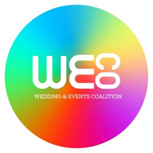 Rainbow Color Circle with WE horizontal in large letters and C O in smaller letters running virtually along the side with wedding and events coalition under the letters