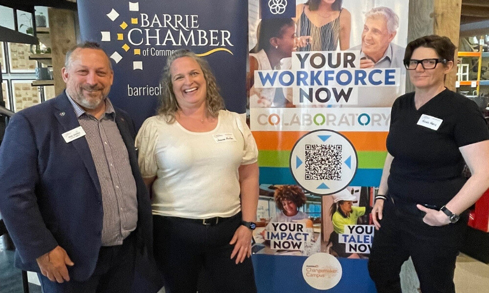 Georgian College and the Barrie Chamber of Commerce are looking for small- to medium-sized businesses to join their new initiative, COLABORATORY. From left: Paul Markle, Executive Director of the Barrie Chamber of Commerce, Joanne Foxton, Manager, #ChangeTheNow at Georgian, and Nicole Norris, Director, Social Innovation at Georgian.