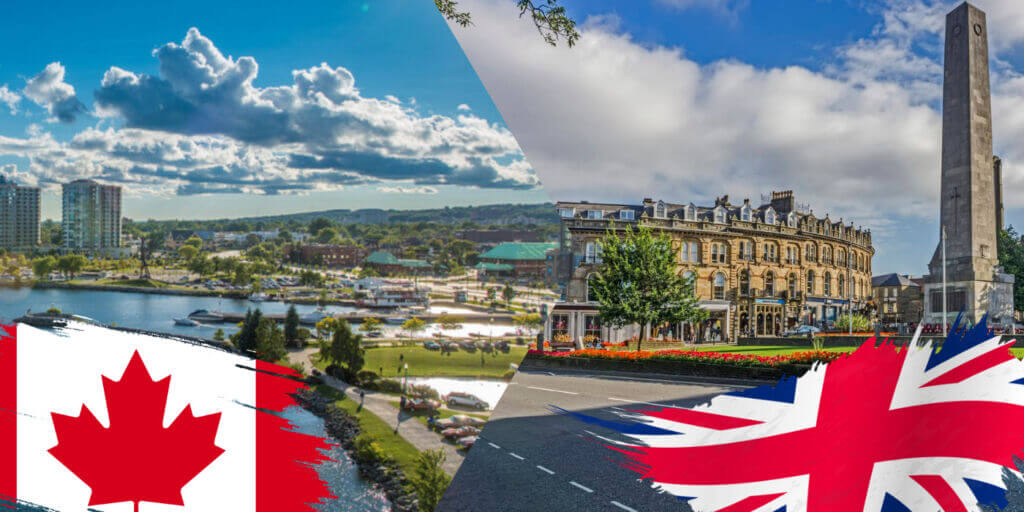 A split photo of Barrie, Ontario and Harrogate, UK, encouraging the Twin City Exchange