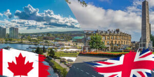 A split photo of Barrie, Ontario and Harrogate, UK, encouraging the Twin City Exchange