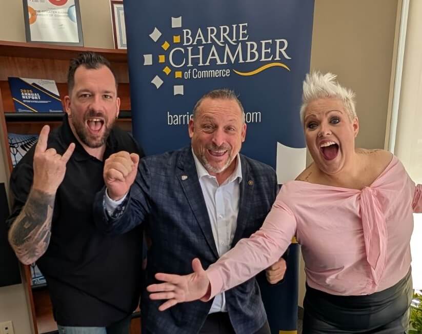 McCully from Rock 95, Paul Markle, CEO of the Barrie Chamber of Commerce and Amy Aust of 107.5 Kool FM celebrate announcing the finalists for the 2025 Barrie Business Awards.