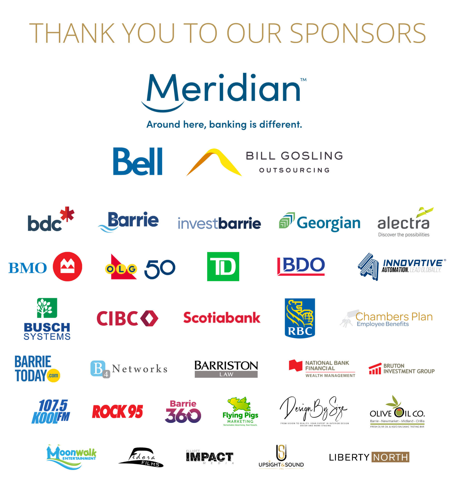 Sponsor logos of the 2025 Barrie Business Award supporting businesses