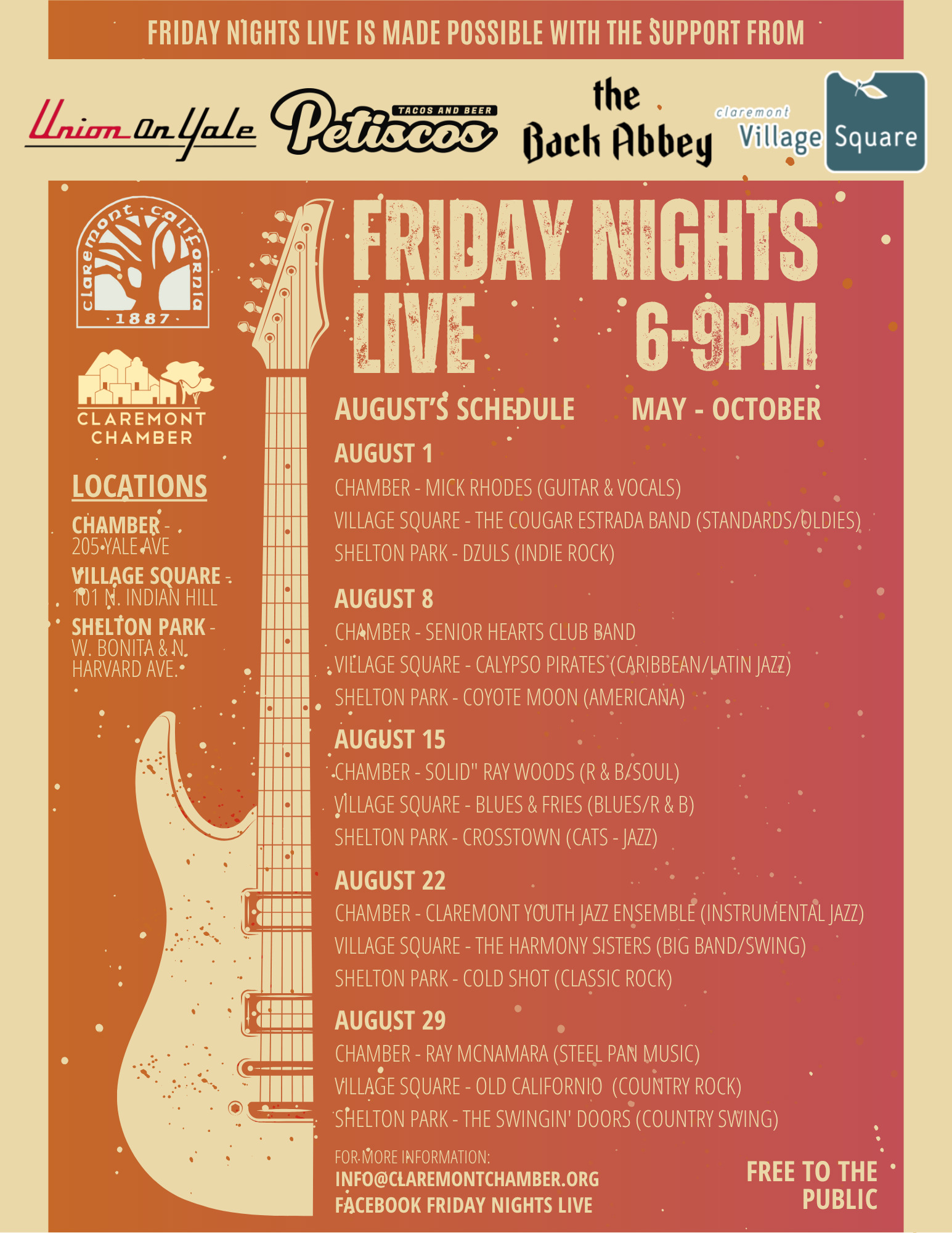 August Friday nights live schedule Claremont Village