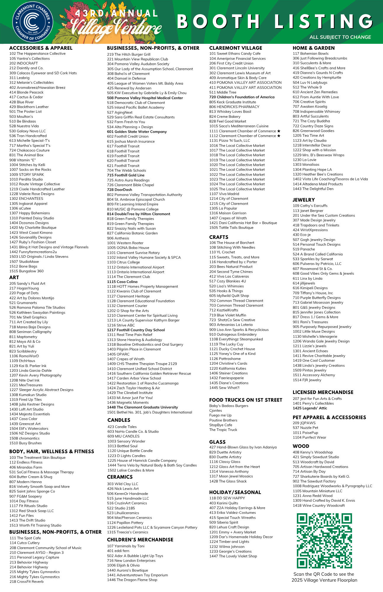 43rd VV 2025 Booth Listing (1) Village Venture arts and crafts festival 2025 booth listing in Claremont