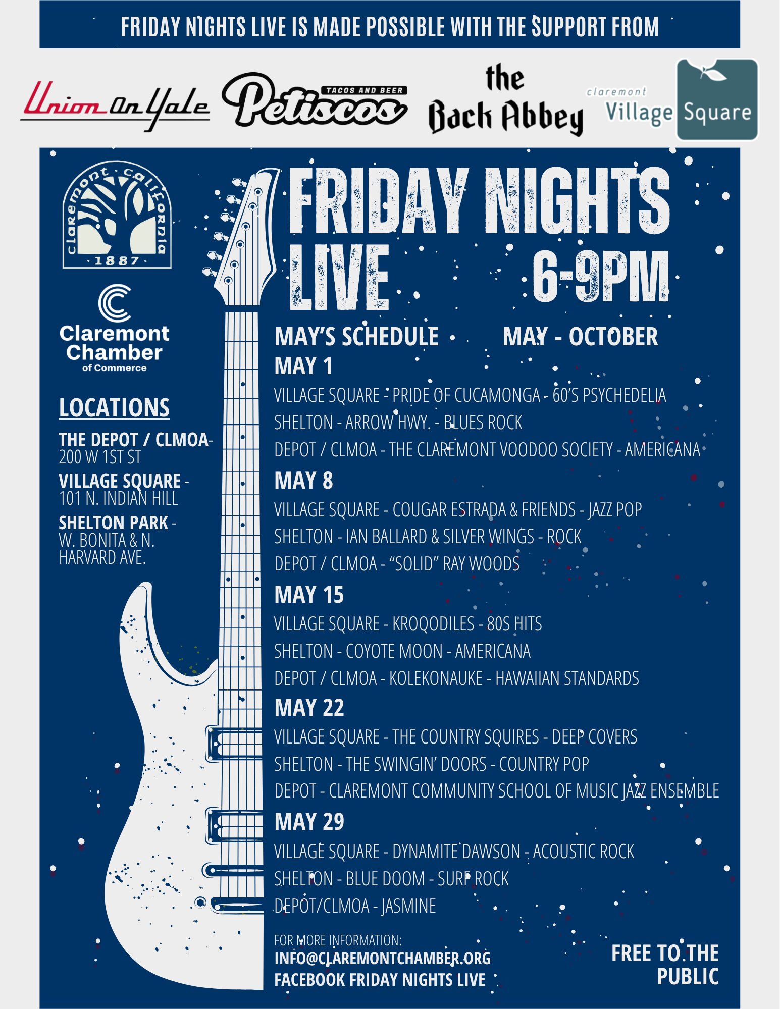 May 2026 - FNL - digital Claremont Chamber of Commerce's Friday Nights Live May Schedule of the bands hosted by Claremont Chamber of Commerce