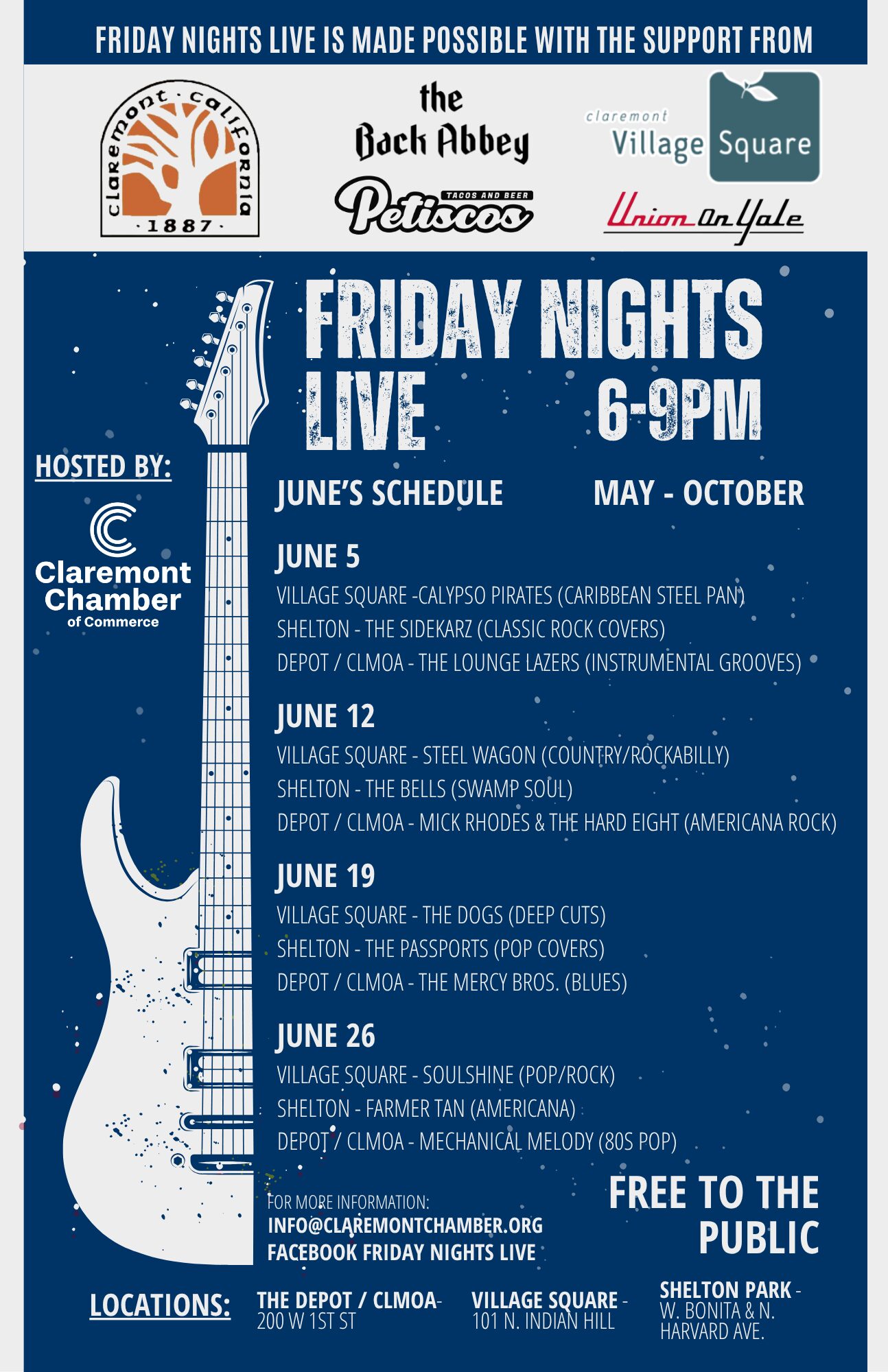 Friday Nights Live June Schedule - hosted by Claremont Chamber of Commerce - Claremont Event in Claremont Village