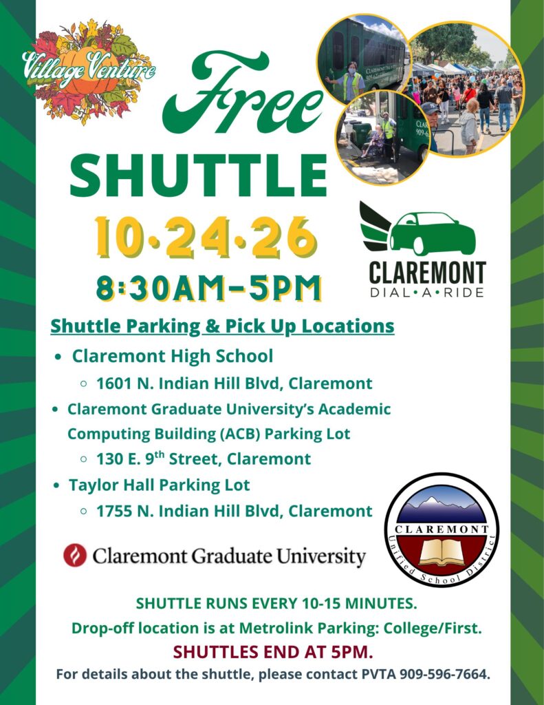 Claremont's Village Venture Arts and Crafts Festival Free Shuttle Information. New parking locations this year. Claremont High School and CGU's ACB parking lot.
