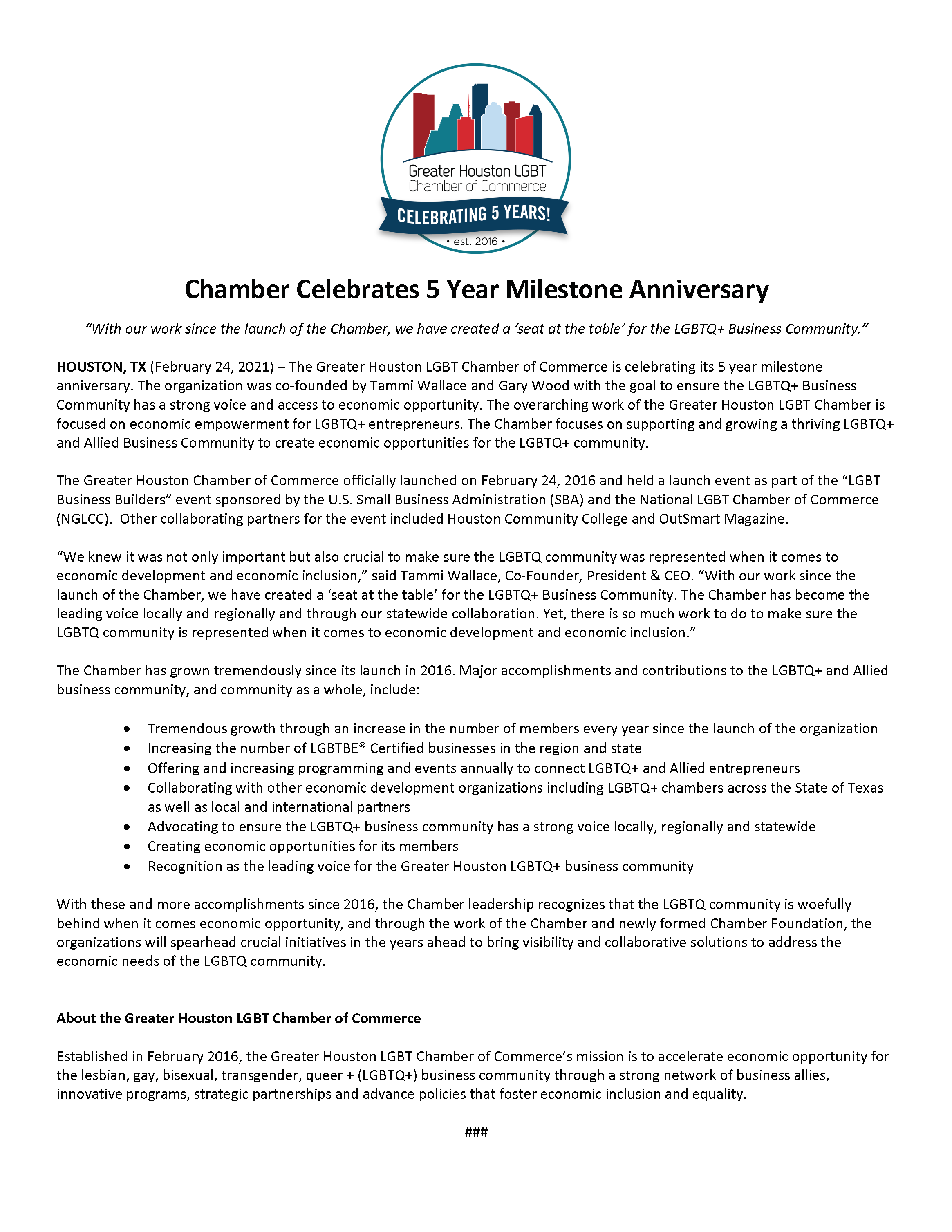 Greater Houston LGBT Chamber 5 Year Anniversary - Media Release ONE PAGE