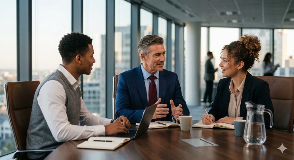 Executive mentoring two young professionals.