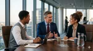 Executive mentoring two young professionals.