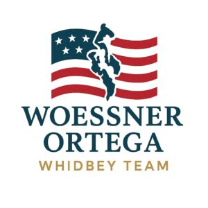 American flag with Whidbey and Camano Island in the Middle | "Woessner Ortega | Whidbey Team" written underneath