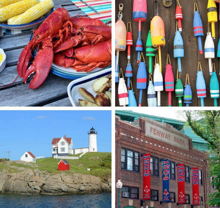 Four photos - lobster, buoys, island lighthouse, Fenway Park