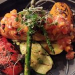 Grilled salmon + wood fired seasonal vegetables + heirloom tomato relish + meyer lemon vinaigrette