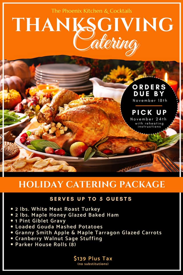 Flier for The Phoenix's Thanksgiving Catering, featuring picture of Roast Turkey