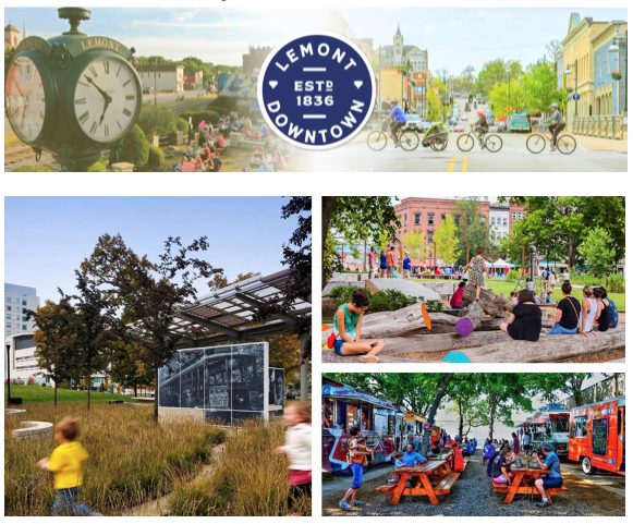 Scenes of children running rthrough park, teens sitting on lods, and families at picnic tables.