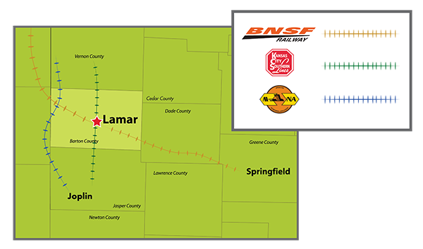 Barton County Missouri Rail Map - BNSF - KSCL - MoNArk