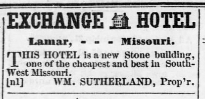 Exchange Hotel Ad - South-West Missourian - Lamar Missouri - February 24, 1870